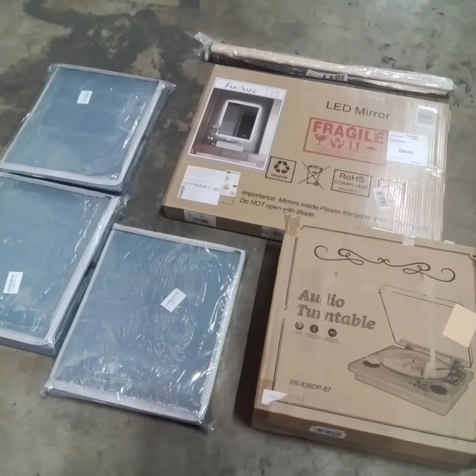 PALLET CONTAINING VARIOUS ASSORTED ITEMS TO INCLUDE:POOL CUES,AUDIO TURNTABLE, SHOE STORAGE BOXES, MIRROR AND OTHER ASSORTED ITEMS...