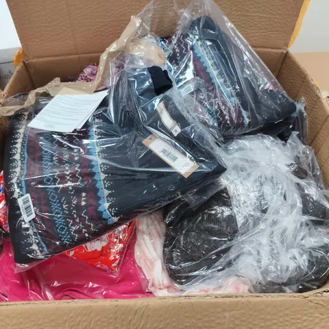 large box OF ASSORTED CLOTHING ITEMS IN VARIOUS STYLES , SIZES AND COLORS