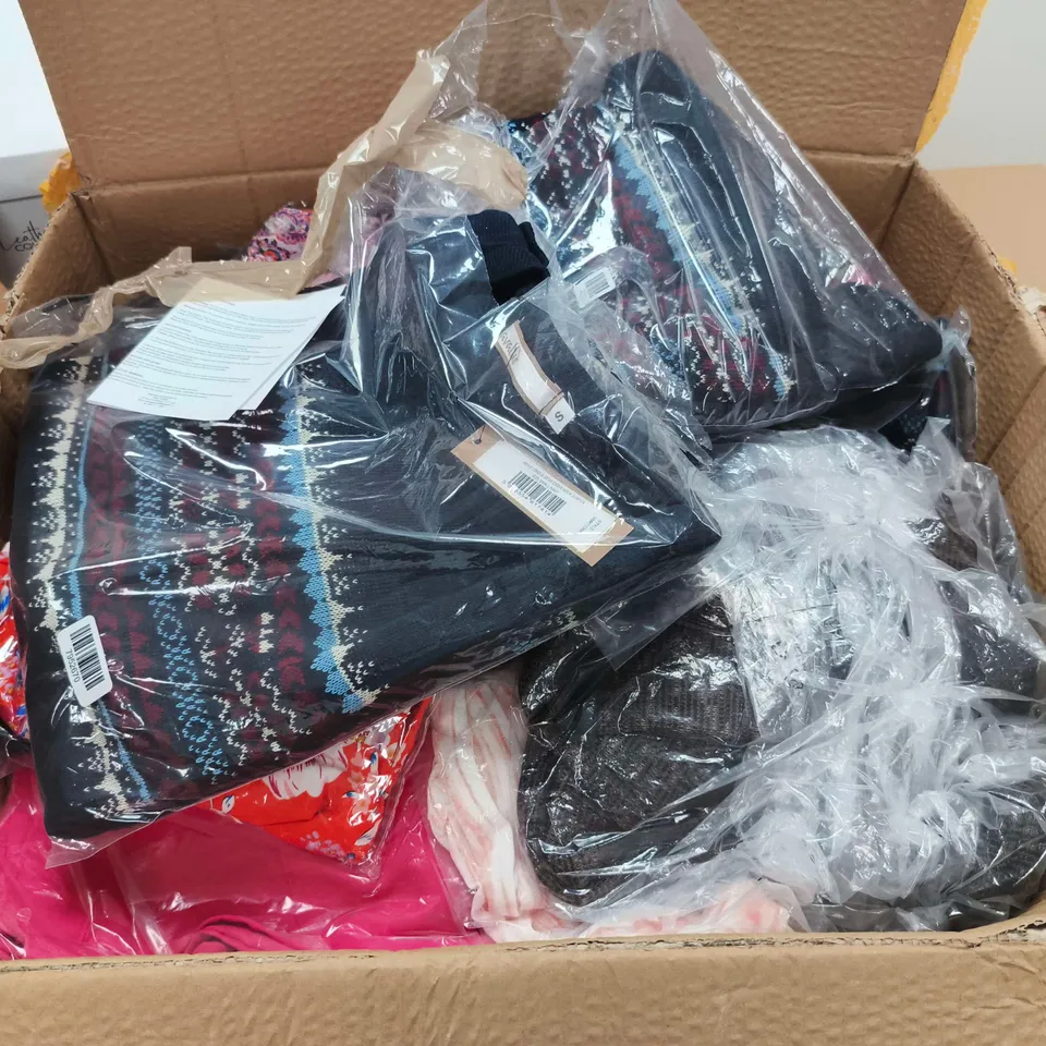 large box OF ASSORTED CLOTHING ITEMS IN VARIOUS STYLES , SIZES AND COLORS