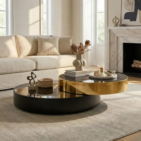 EVERLY QUINN MODERN COFFEE TABLE WITH MIRROR BLACK GLASS TOP AND STAINLESS-STEEL FRAME STYLISH AND DURABLE FOR LIVING ROOM