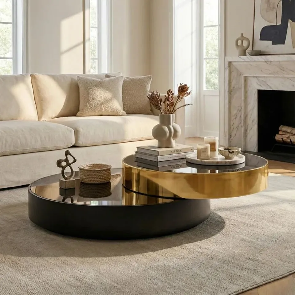 EVERLY QUINN MODERN COFFEE TABLE WITH MIRROR BLACK GLASS TOP AND STAINLESS-STEEL FRAME STYLISH AND DURABLE FOR LIVING ROOM