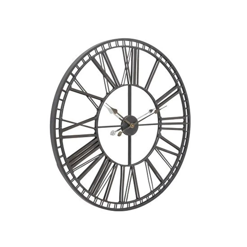 BOXED OLIVER WALL CLOCK IN BLACK IRON WITH GLASS FRONT PANEL (1 BOX)