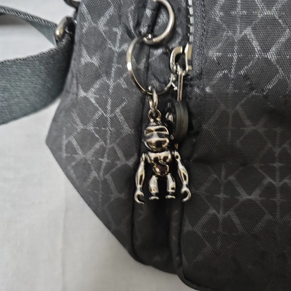 KIPLING CROSSBODY BAG – MONOGRAM PATTERN, BLACK/GRAY WITH MONKEY CHARM