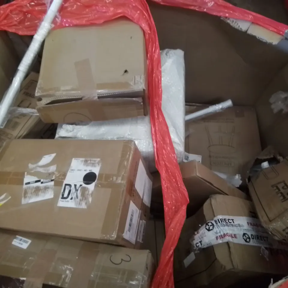 PALLET CONTAINING ASSORTED HOUSEHOLD & HOME IMPROVEMENT PRODUCTS. INCLUDES SIDE TABLE, BASSINET & BEDSIDE SLEEPER, TOILET SEAT, CARPET PROTECTOR FILM, FABRIC WARDROBE ETC