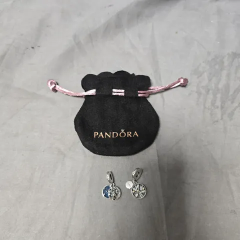 PANDORA STERLING SILVER S925 CHARMS SET OF 2– TREE OF LIFE DISC & BLUE ENAMEL CRYSTAL DISC, WITH PANDORA POUCH