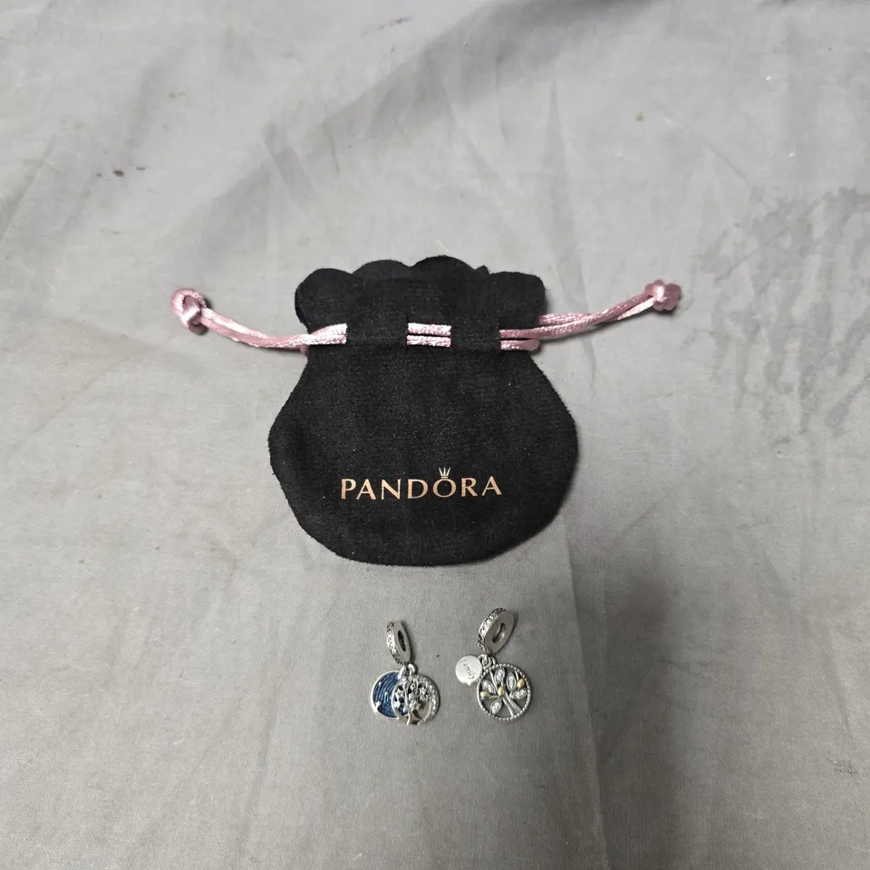 PANDORA STERLING SILVER S925 CHARMS SET OF 2– TREE OF LIFE DISC & BLUE ENAMEL CRYSTAL DISC, WITH PANDORA POUCH