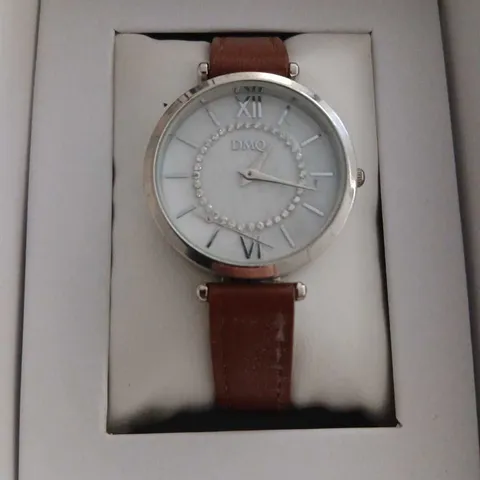 DMQ ROUND LADIES' WRISTWATCH WITH CRYSTAL RING β BROWN LEATHER STRAP