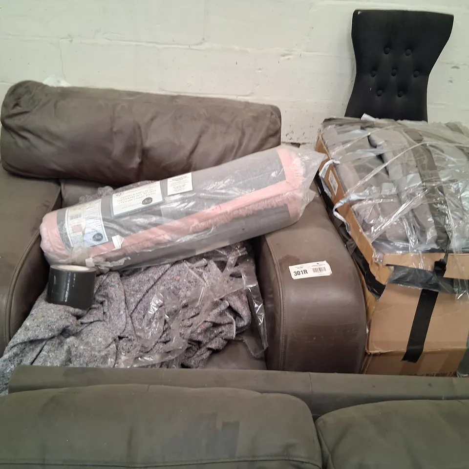 SIX ASSORTED DESIGNER UPHOLSTERY PRODUCTS TO INCLUDE; BROWN FAUX LEATHER TWO SEATER, FAUX LEATHER ARM CHAIR, BEIGE FABRIC SOFA SECTION