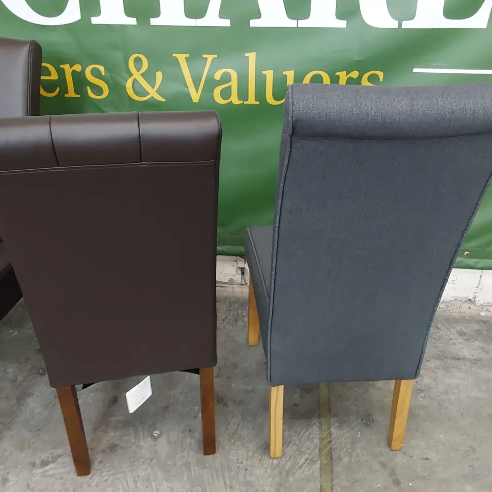 FOUR UPHOLSTERED DINING CHAIRS 2× BROWN PU, 2× CHARCOAL FABRIC 