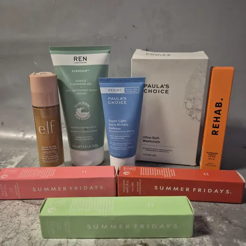 APPROX 8 ASSORTED BEAUTY PRODUCTS TO INCLUDE REN CLEANSING GEL, PAULA'S CHOICE WASHCLOTH, SUMMERFRIDAYS BUTTER BALM, ETC 