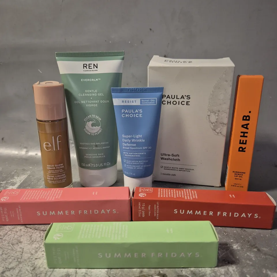 APPROX 8 ASSORTED BEAUTY PRODUCTS TO INCLUDE REN CLEANSING GEL, PAULA'S CHOICE WASHCLOTH, SUMMERFRIDAYS BUTTER BALM, ETC 