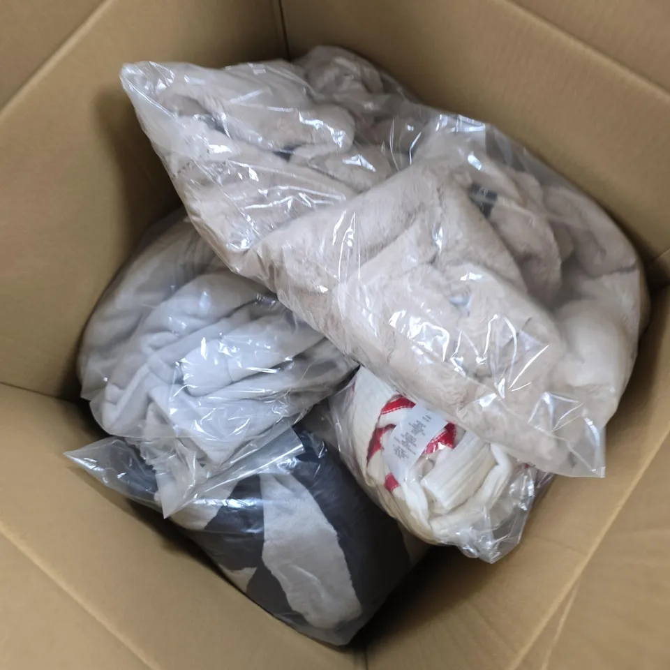 LARGE BOX OF APPROX 10 ASSORTED CLOTHING ITEMS IN VARIOUS COLORS , STYLES AND SIZES 