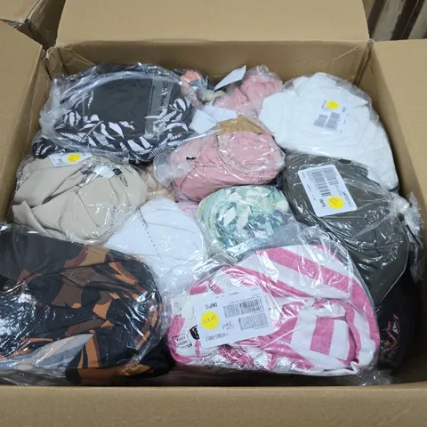 LARGE BOX OF APPROX 15 ASSORTED CLOTHING ITEMS IN VARIOUS STYLES , COLORS AND SIZES