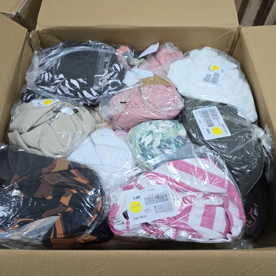 LARGE BOX OF APPROX 15 ASSORTED CLOTHING ITEMS IN VARIOUS STYLES , COLORS AND SIZES