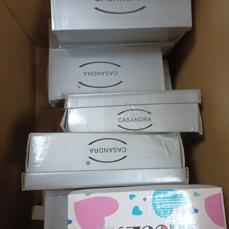 BOX OF APPROXIMATELY 10 PAIRS OF SHOES TO INCLUDE FLIP FLOPS, LOW LOAFERS BOOTS ETC
