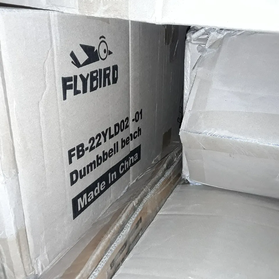 PALLET OF ASSORTED HOUSEHOLD ITEMS TO INCLUDE FOLDING EXERCISE BIKE, DUMBBELL BENCH, WHEELED LUGGAGE AND CAMPING TENTS