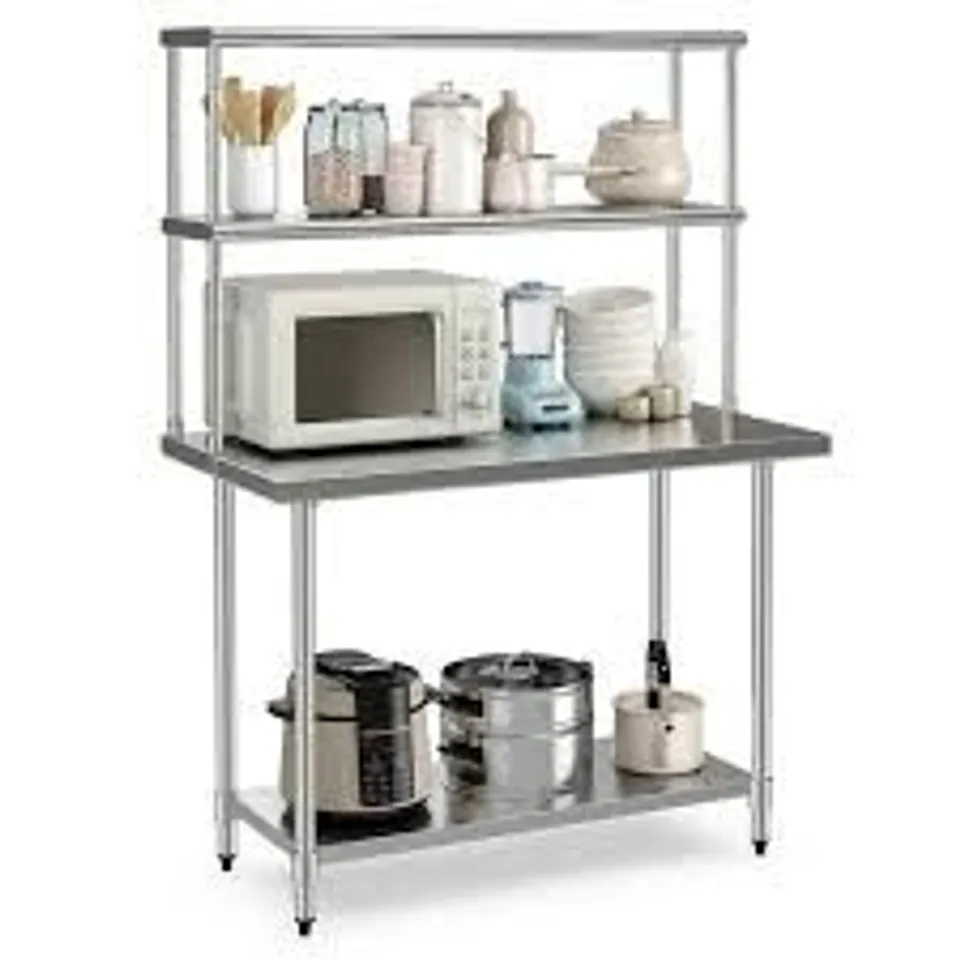 BOXED COSTWAY STAINLESS STEEL CATERING TABLE WITH OVERSHELVES, 48'' X 24'' WORK TABLE WITH 48'' X 12'' SHELF