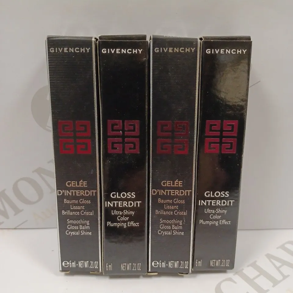 LOT OF 4 ASSORTED GIVENCHY MAKEUP PRODUCTS TO INCLUDE 2 X 6ML GELEE D"INTERDIT SMOOTHING GLOSS BALM CRYSTAL SHINE #4 VIBRANT FUCHSIA & 2 X 6ML GLOSS INTERDIT PLUMPING EFFECT #12 ROUGE PASSION