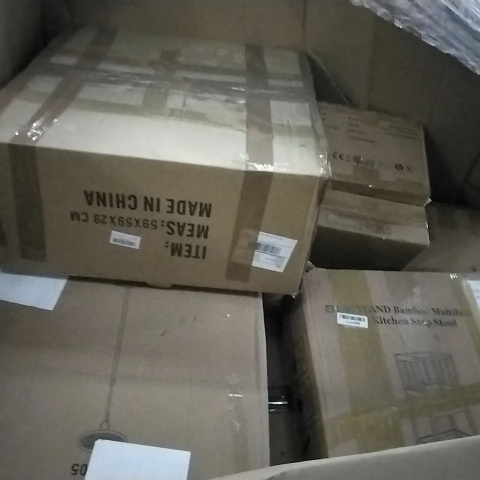PALLET OF ASSORTED ITEMS INCLUDING STOREMIC FLOATING SHELF, DRYWALL SANDER, GIELMIY TRAMPOLINE WITH HANDLEBARS, MYLEK MOBILE AIR COOLER, STORAGE SHELF