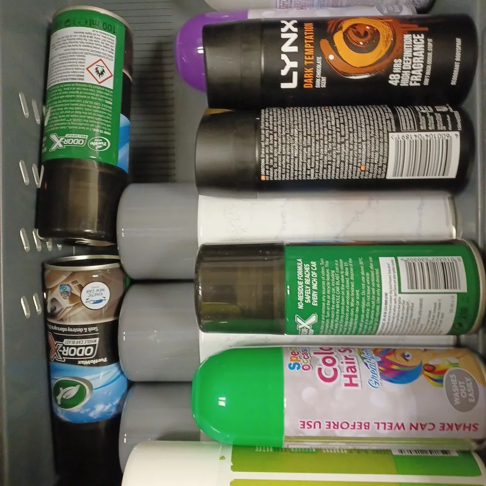 BOX OF APPROXIMATELY 25 ASSORTED AEROSOL PRODUCTS TO INCLUDE LYNX TEMPTATION, COLOUR SPRAY, GEMINI SHAMPOO ETC - COLLECTION ONLY 