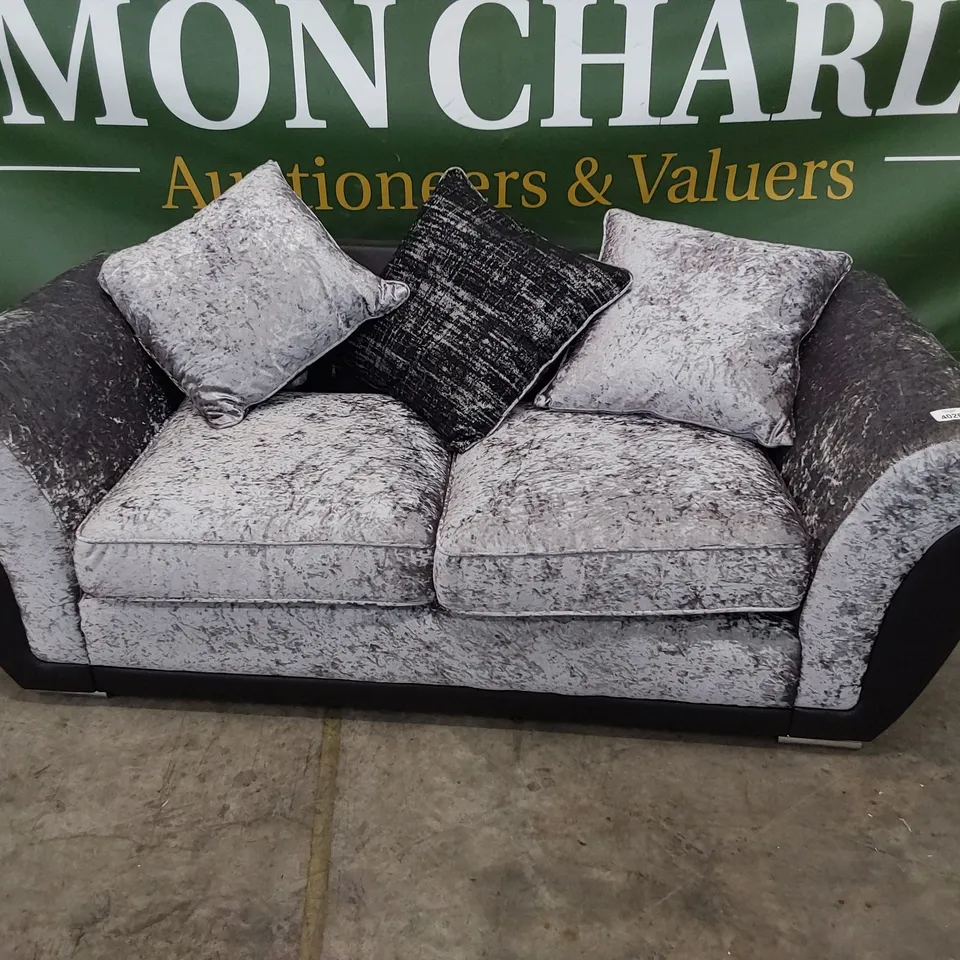 DESIGNER THREE SEATER SOFA WITH SCATTER CUSHIONS BLACK FAUX LEATHER & CRUSHED SILVER VELVET