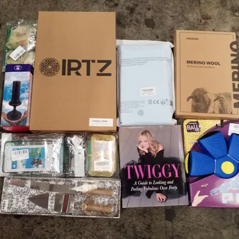 PALLET OF 4 BOXES CONTAINING ASSORTED PRODUCTS INCLUDING MERINO WOOL, PHONE CASE, FLYING SAUCER BALL, TWIGG BOOK, NON-STICK FRYING PAN, TV ANTENNA 