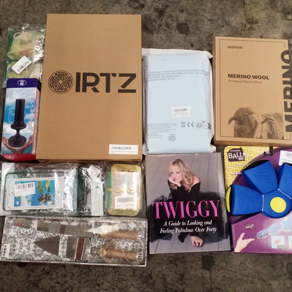 PALLET OF 4 BOXES CONTAINING ASSORTED PRODUCTS INCLUDING MERINO WOOL, PHONE CASE, FLYING SAUCER BALL, TWIGG BOOK, NON-STICK FRYING PAN, TV ANTENNA 