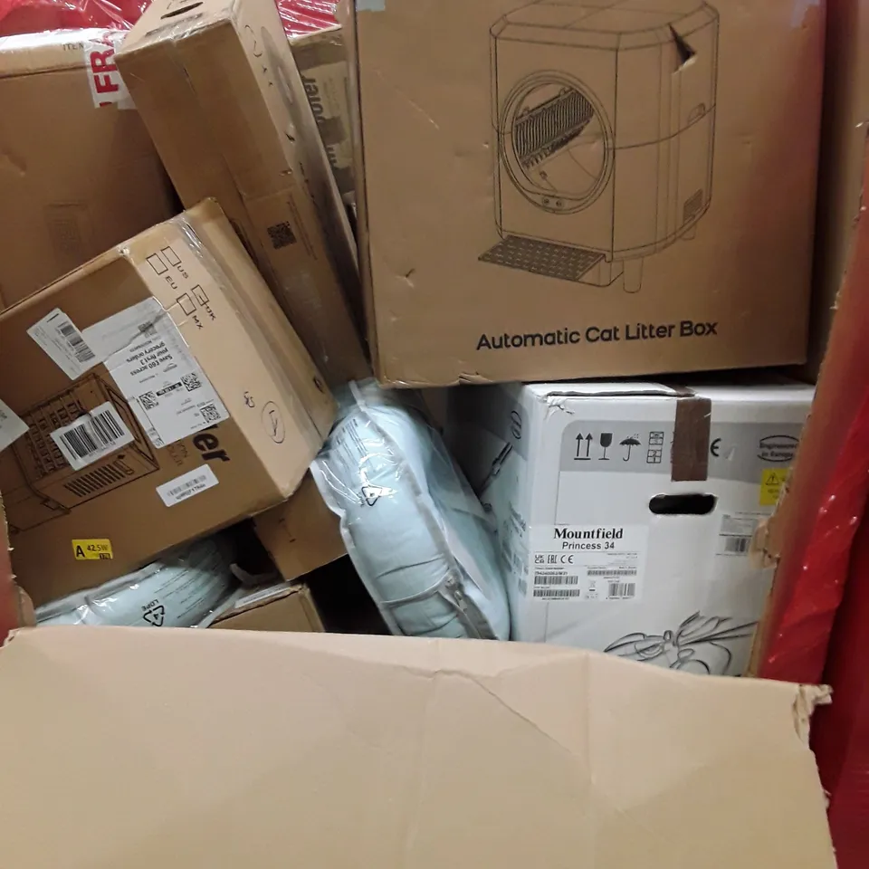 PALLET OF ASSORTED HOUSEHOLD GOODS AND PRODUCTS TO INCLUDE; CAT ACCESSORIES, PRO BREEZE FAN, AIR COOLERS, LAWN MOWER, BOXED FURNITURE ETC