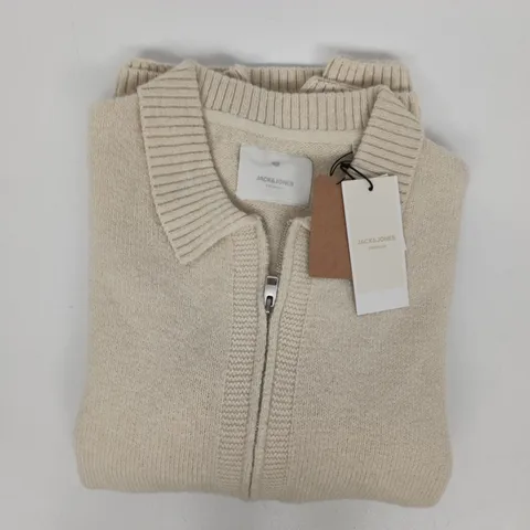 JACK & JONES LONG SLEEVE KNIT ZIP CARDIGAN IN CLOUD DANCER SIZE LARGE