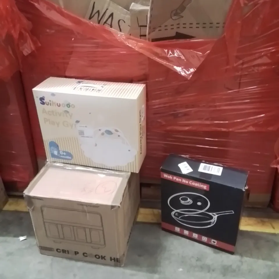 PALLET OF ASSORTED HOUSEHOLD GOODS AND PRODUCTS TO INCLUDE;WOK PAN,PLAY MAT,AIR FRYER