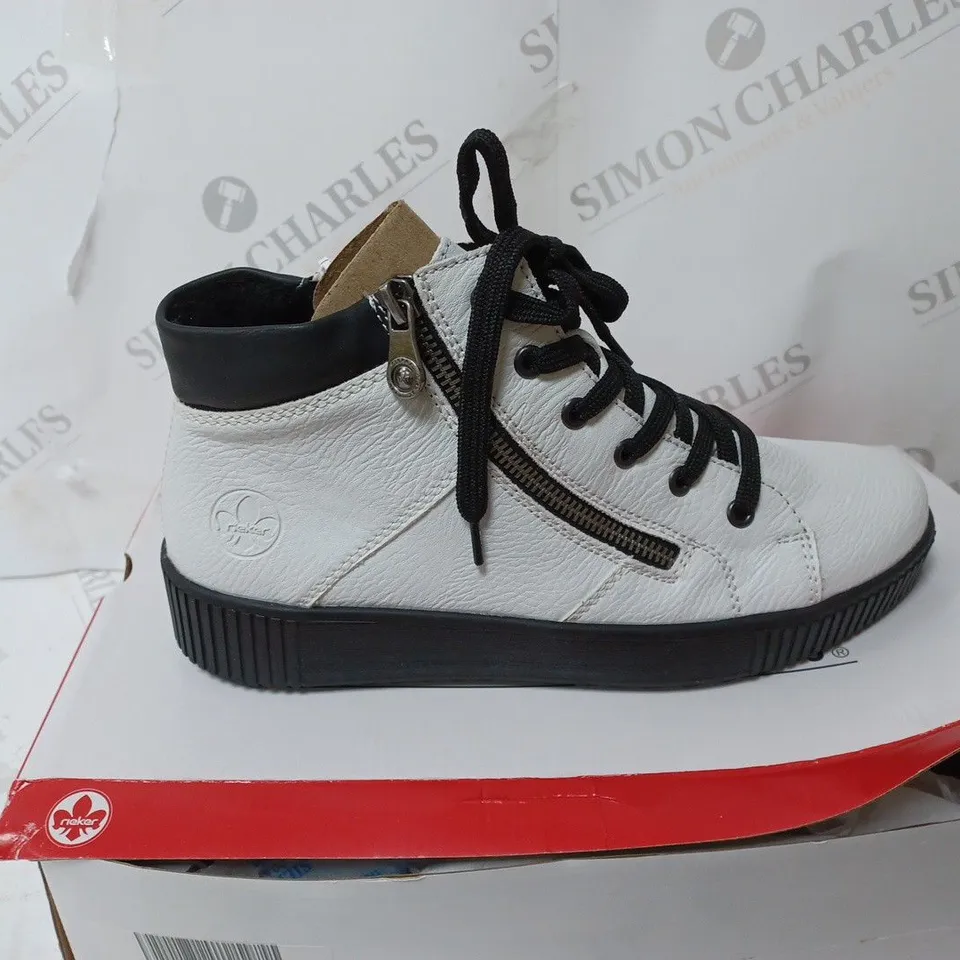 BOXED PAIR OF RIEKER HIGH TOP TRAINERS WITH SIDE ZIP IN WHITE SIZE 6.5
