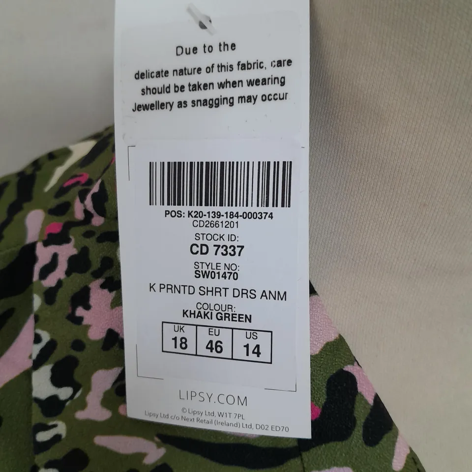 LIPSY PRINTED SHIRT DRESS IN KHAKI GREEN - UK 18