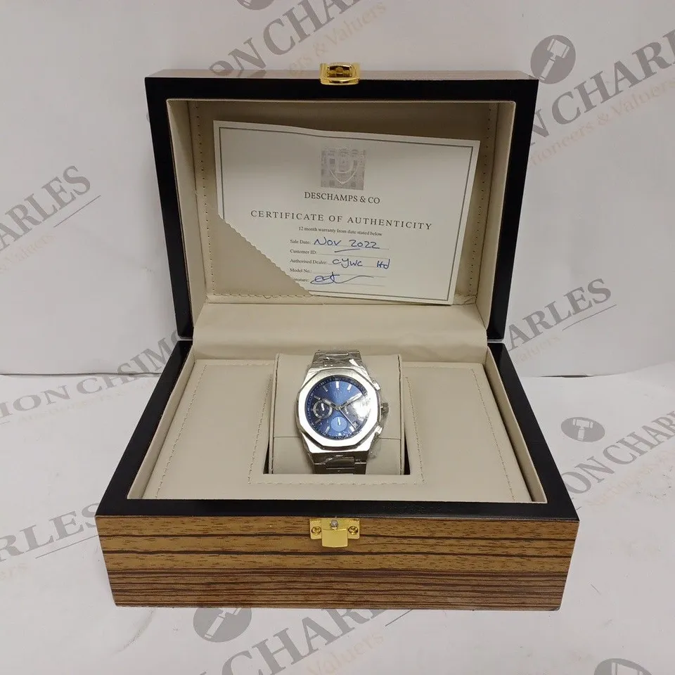 DESCHAMPS & CO MENS CHRONOGRAPH WATCH – SUB DIALS WITH DATE – STAINLESS STEEL CASE & STRAP – 5ATM WATER RESISTANT - WOODEN GIFT BOX