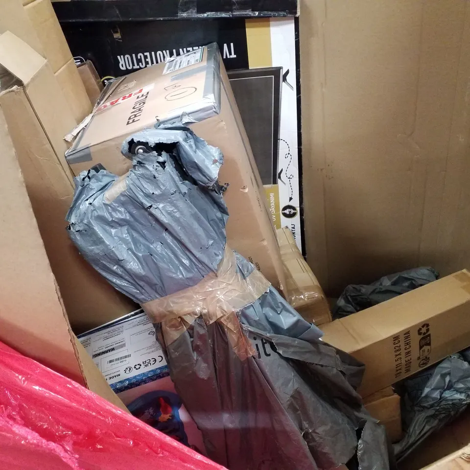 PALLET OF ASSORTED PRODUCTS INCLUDING BABY WALKER, WATER TABLE, SHREDDER, CEILING TV MOUNT, CAR SEAT