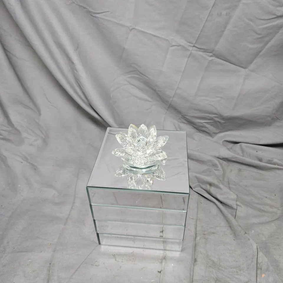 GLASS MIRRORED CUBE JEWELLERY BOX WITH CRYSTAL FLOWER FINIAL JM BY JULIEN MACDONALD STACKED JEWELLERY BOX WITH LOTUS FLOWER
