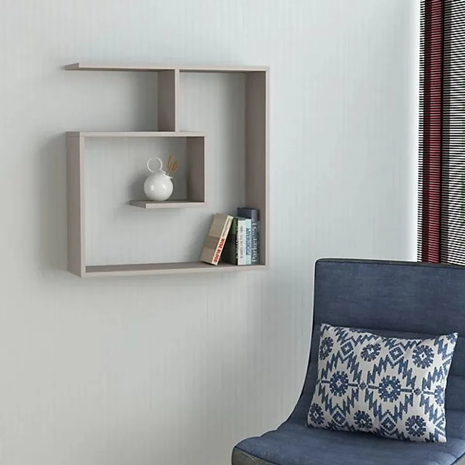 BOXED LABY STYLISH MODERN ABSTRACT SHELVING UNIT IN LIGHT MOCHA