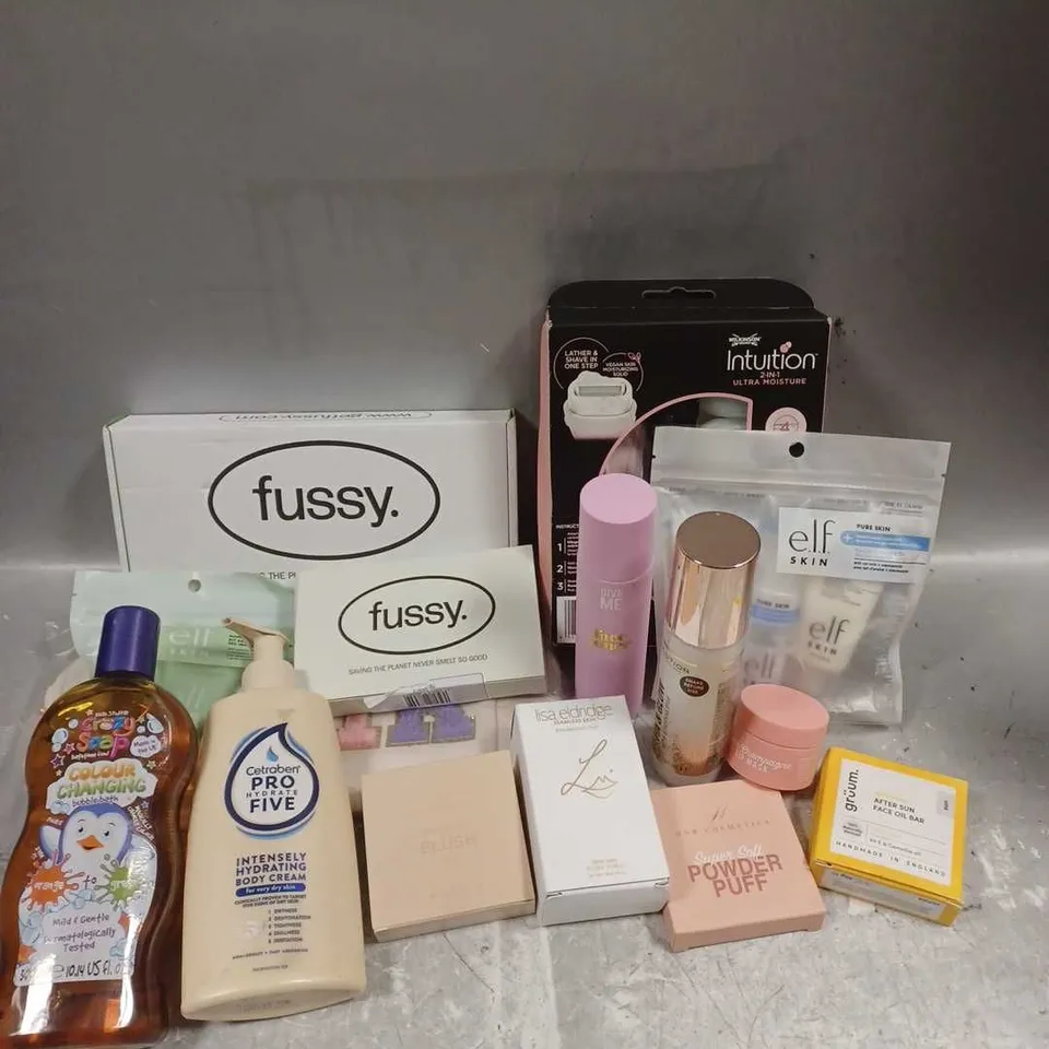 APPROXIMATELY 20 ASSORTED COSMETIC PRODUCTS INCLUDE - ELF PURE SKIN MINI KIT - LISA ELDRIDGE SKIN TINT - FUSSY REFILLABLE DEODORANT - ETC