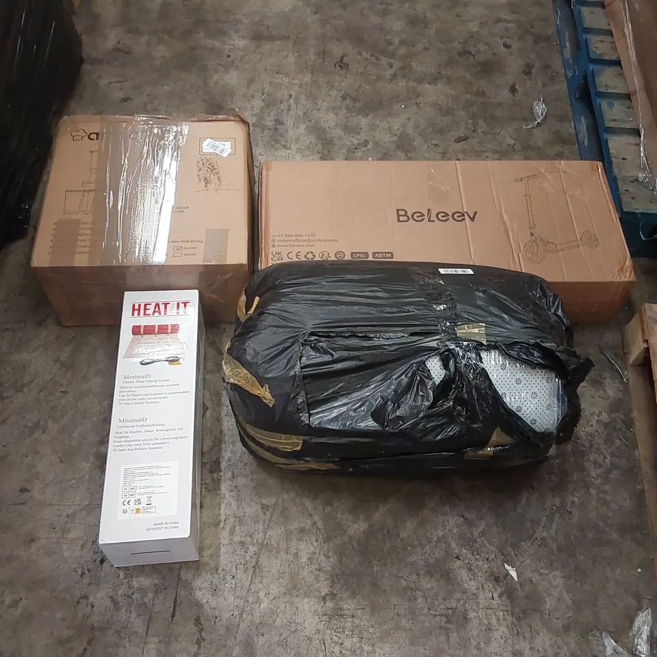 PALLET OF ASSORTED ITEMS INCLUDING: COLD PRESS JUICER, BELEEV SCOOTER, ELECTRIC FLOOR HEATING SYSTEM, RUG ECT