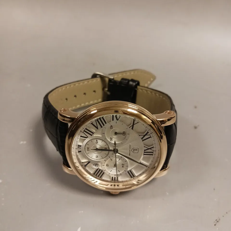 MENS LOUIS LACOMBE CHRONOGRAPH WATCH – MULTI FUNCTION DIAL WITH DATE – ROMAN NUMERAL DIAL – LEATHER STRAP