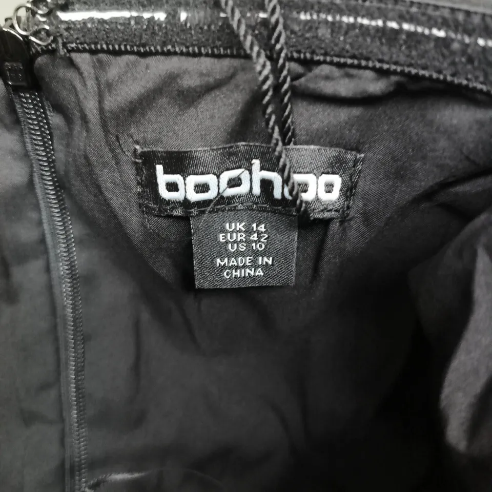 BOOHOO BLACK DRESS WITH PINK OVERSIZED BOW - BLACK WITH PINK INTERIOR, UK 14