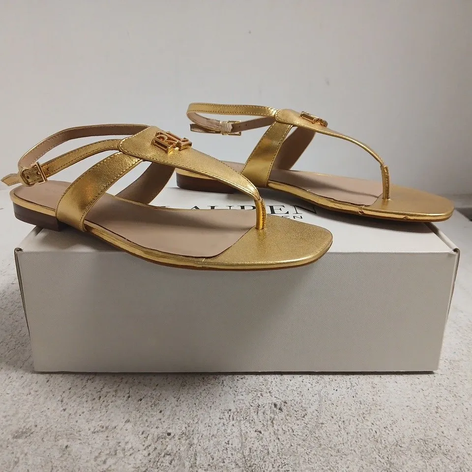 BOXED PAIR OF RALPH LAUREN TOE-POST SLINGBACK SANDALS IN METALLIC GOLD SIZE UK 6