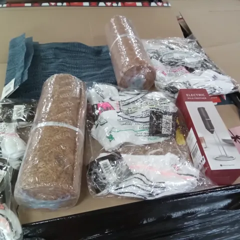 PALLET OF ASSORTED ITEMS INCLUDING ELECTRIC MILK FROTHER, SPORT ZONE SOCK BUNDLES, COCO LINER ROLL, WOVEN PLACEMAT