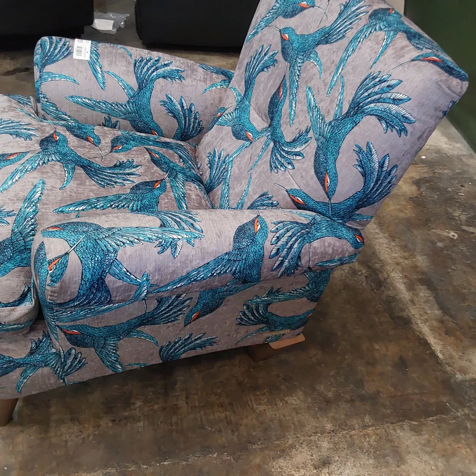 QUALITY BRITISH DESIGNER LOUNGE Co. EASY CHAIR BLUE BIRDS OF PARADISE FABRIC 