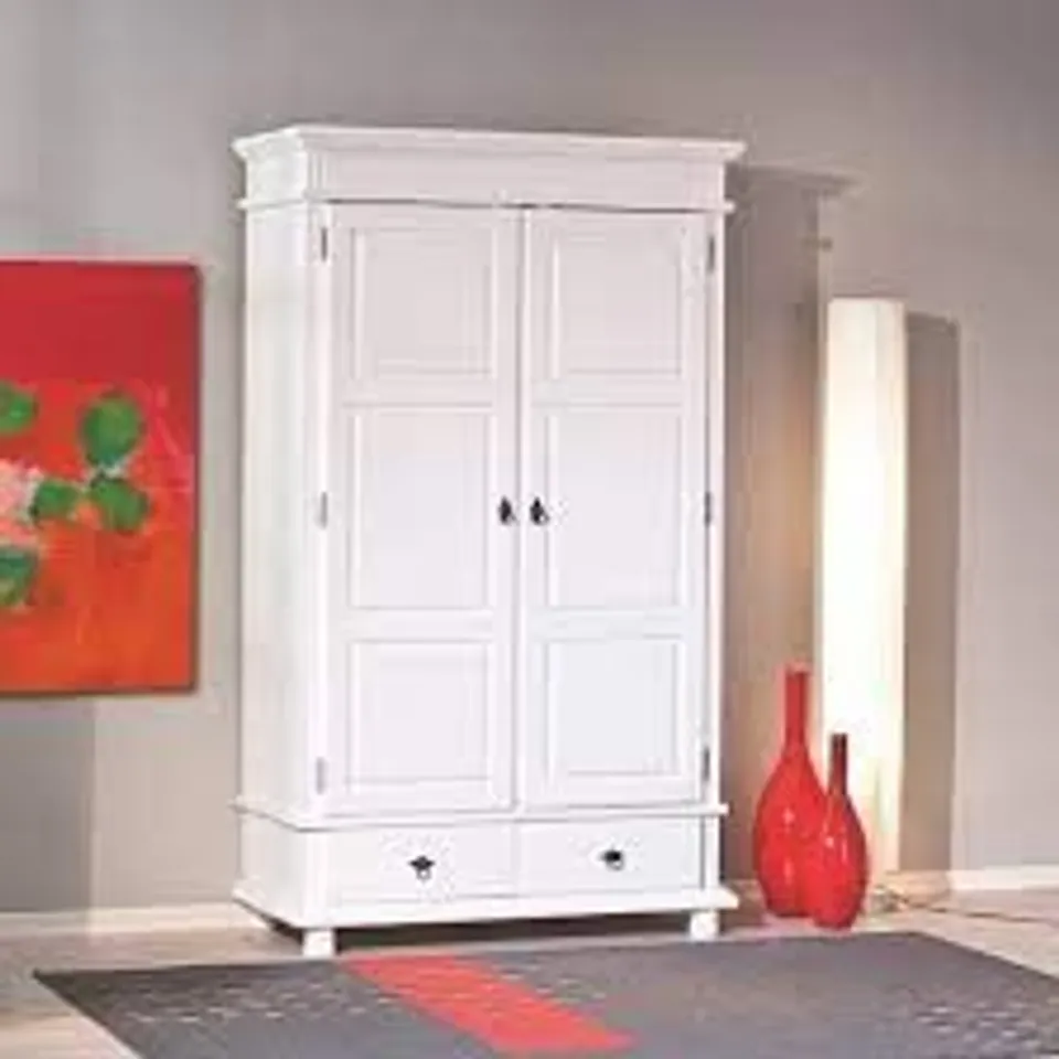 BRAND NEW & BOXED DANZIG 2 DOOR WARDROBE IN WHITE REAL PINE WOOD WITH 2 DRAWERS (2 BOXES)