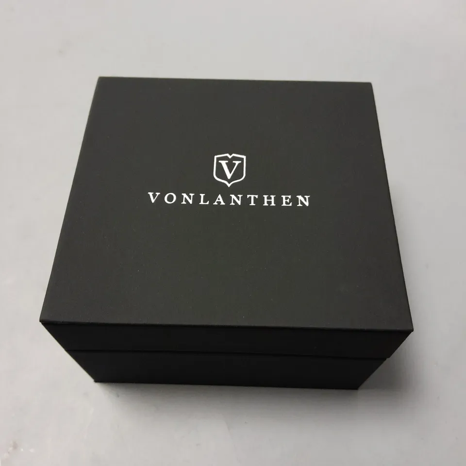 MENS VONLANTHEN AUTOMATIC WATCH WITH BLUE SKELETON DIAL FACE AND STAINLESS STEEL STRAP IN GIFT BOX