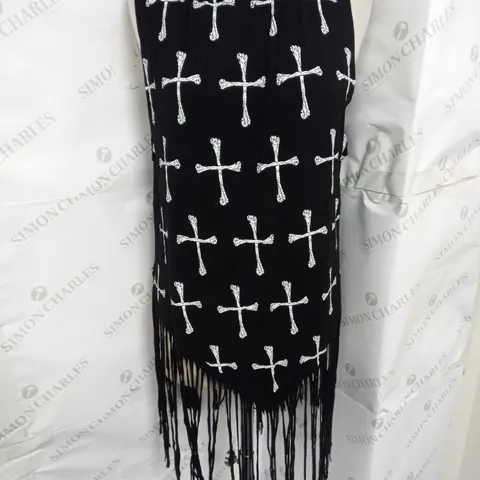 BANNED APPAREL FRINGE HEM VEST IN BLACK CROSS PRINT SIZE L
