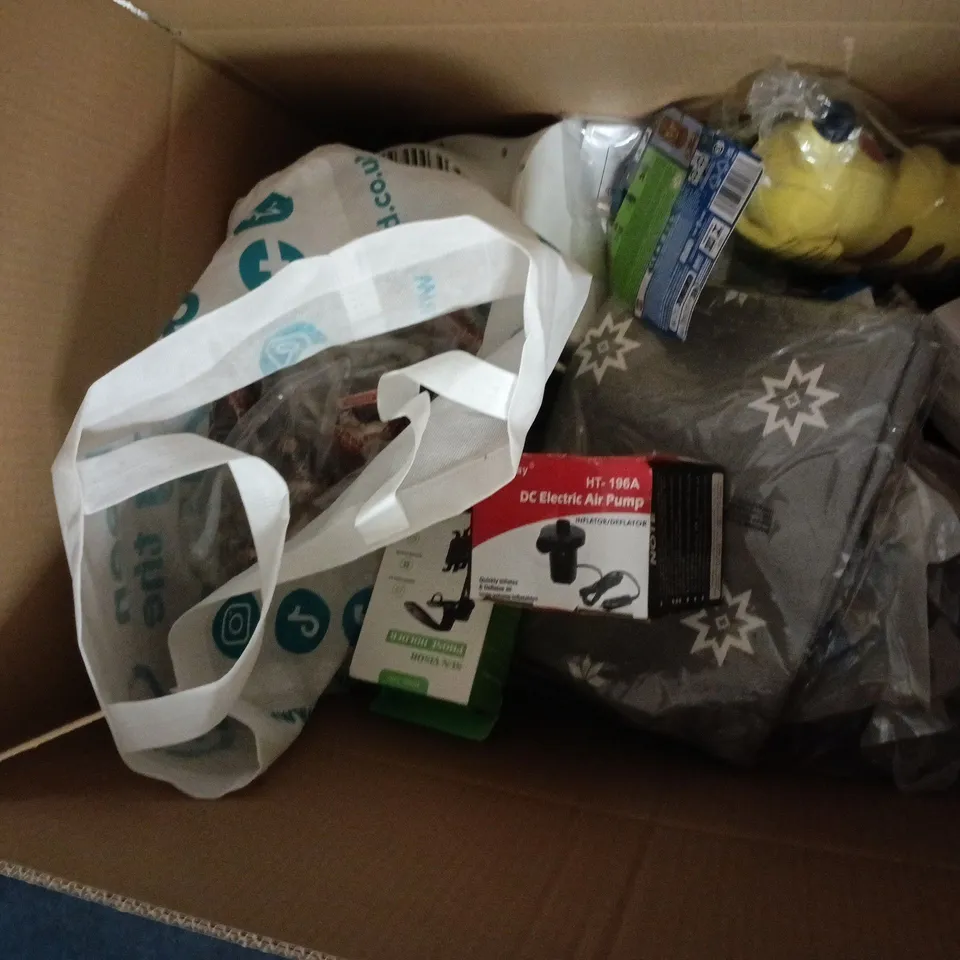 BOX OF APPROXIMATELY 10 ASSORTED ITEMS INCLUDING STERMAY HT-196A DC ELECTRIC AIR PUMP, POKEMON PIKACHU SOFT TOY AND HOTWEELS SKATE TOY