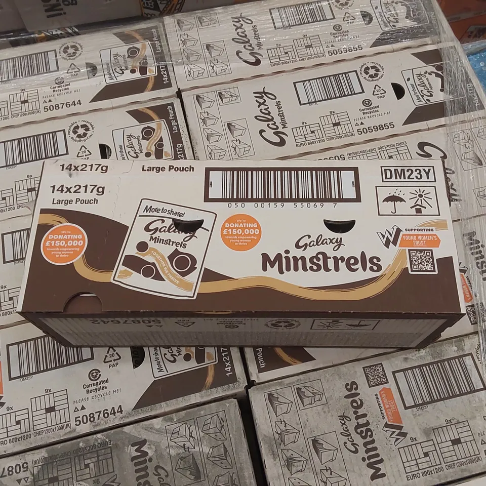 PALLET TO CONTAIN APPROX 46 BOXES OF GALAXY MINSTRELS - 14 X 217g POUCHES PER BOX // BEST BEFORE: 04/05/25