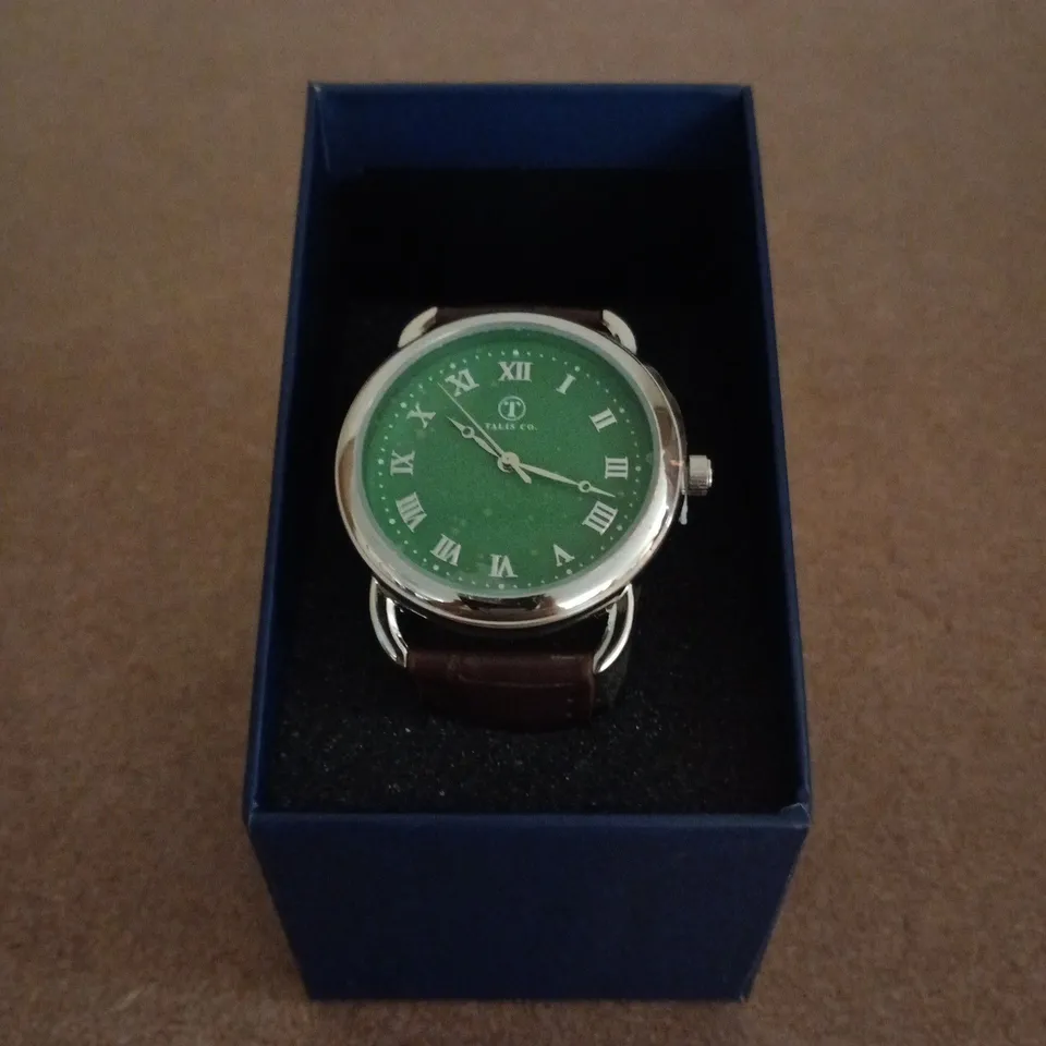 TALIS CO WRISTWATCH WITH GREEN DIAL & BROWN LEATHER STRAP