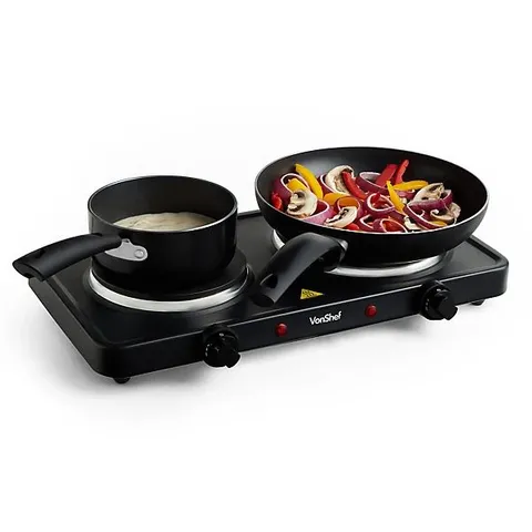 VONSHEF HOT PLATE DOUBLE, PORTABLE ELECTRIC HOB WITH DUAL TEMPERATURE CONTROLS, 2500W, 2 RING TABLE TOP STOVE FOR COOKING, BLACK